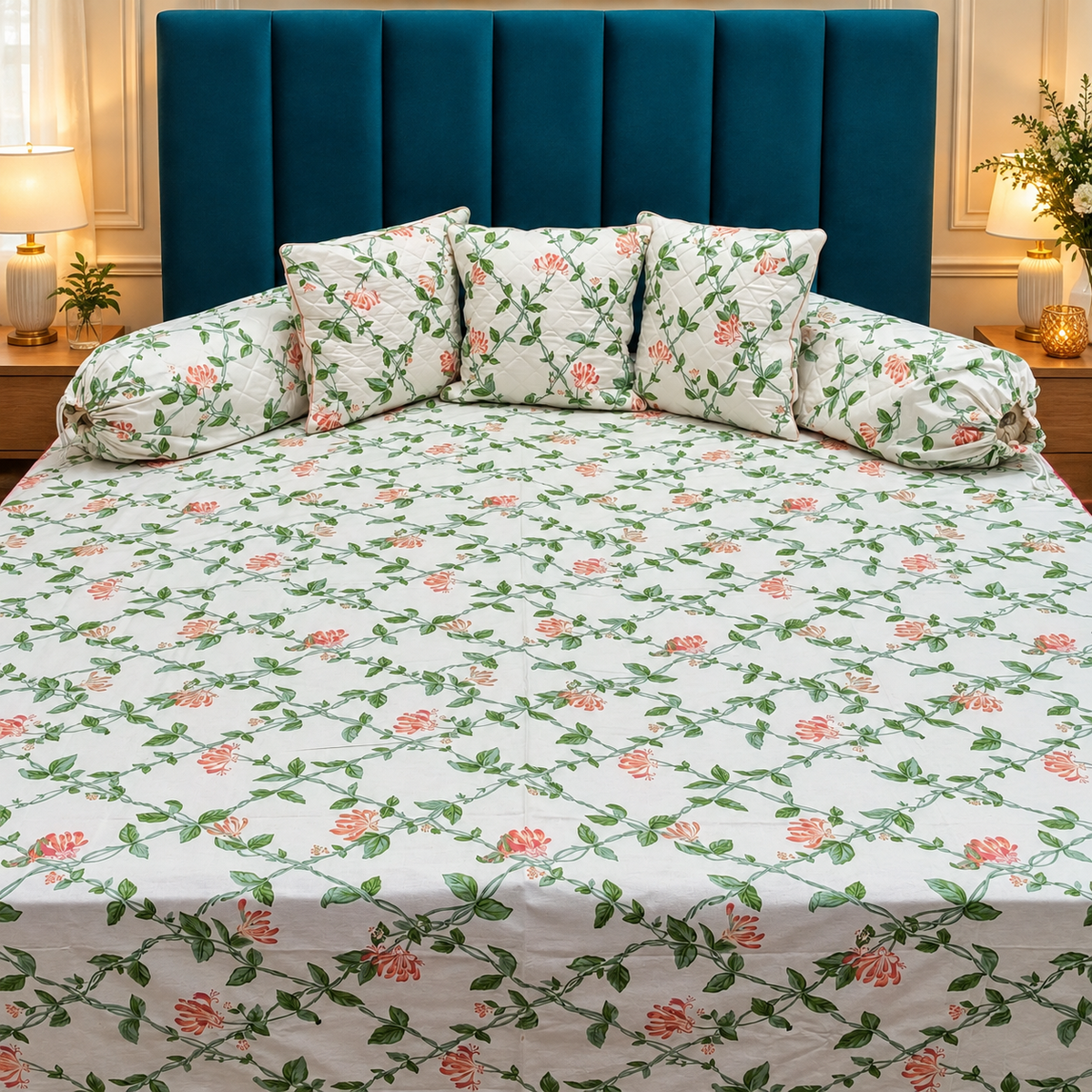 Florenza Premium White & Green Floral Printed 8-Piece Pure Cotton Diwan Set