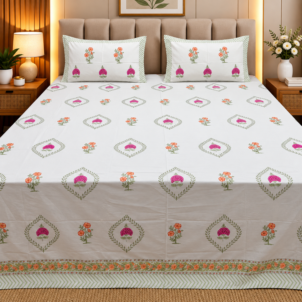 Percale Premium Floral Motif Hand Block Printed Super King-Size Cotton Bedsheet (400TC)