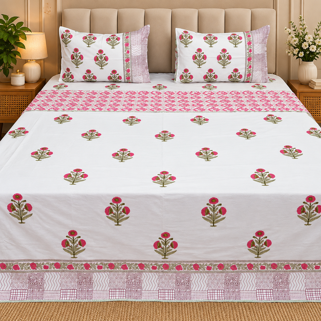 Saanjh HandBlock Printed Mul Mul cotton 4 pcs Bedding Set