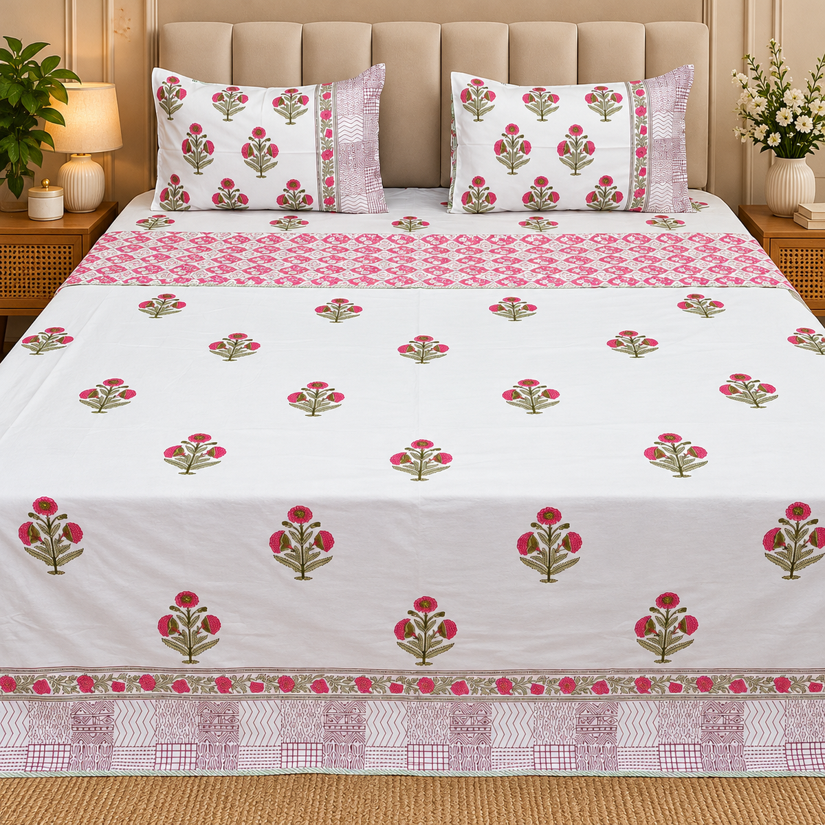 Saanjh HandBlock Printed Mul Mul cotton 4 pcs Bedding Set