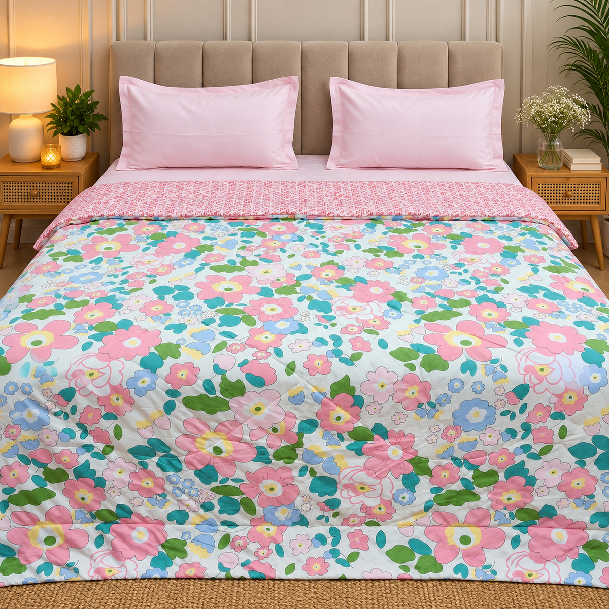 Snow Bloom Printed King Size Fluffy Reversible Comforter/ Quilt