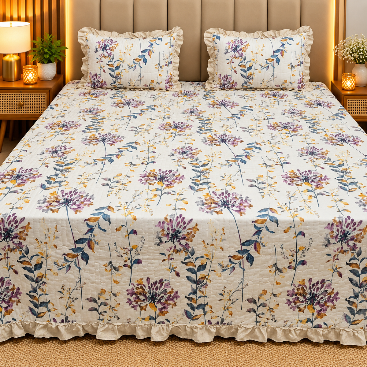 Florence Printed  King Size Pure Cotton Quilted Frill Work Bedcover