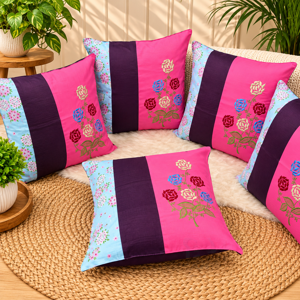Mix & Match Pure Cotton  Embroidered Cushion Covers (Set of 5 Pcs )