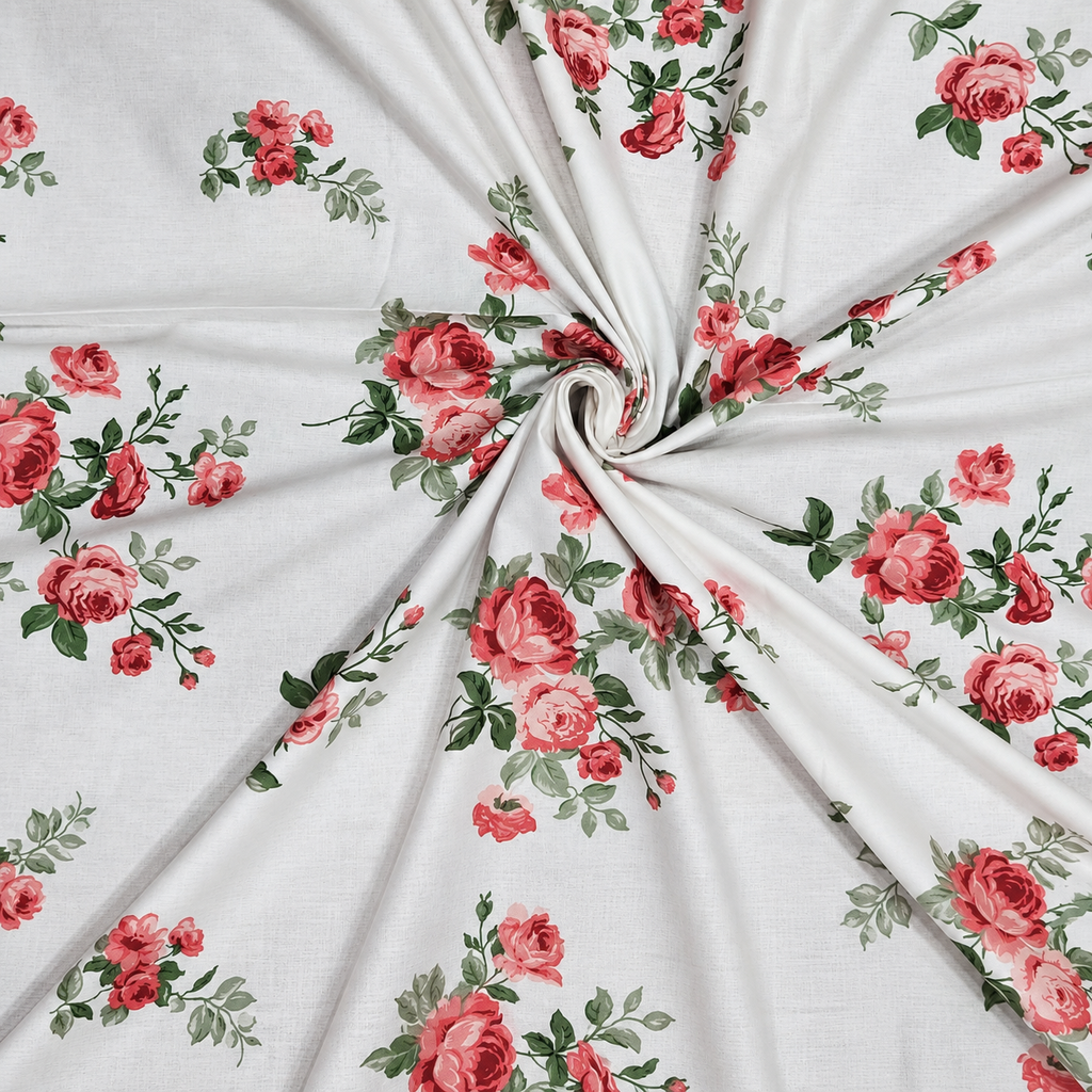 Glory Premium White & Pink Floral Printed Queen Size Pure Cotton Bedsheet
