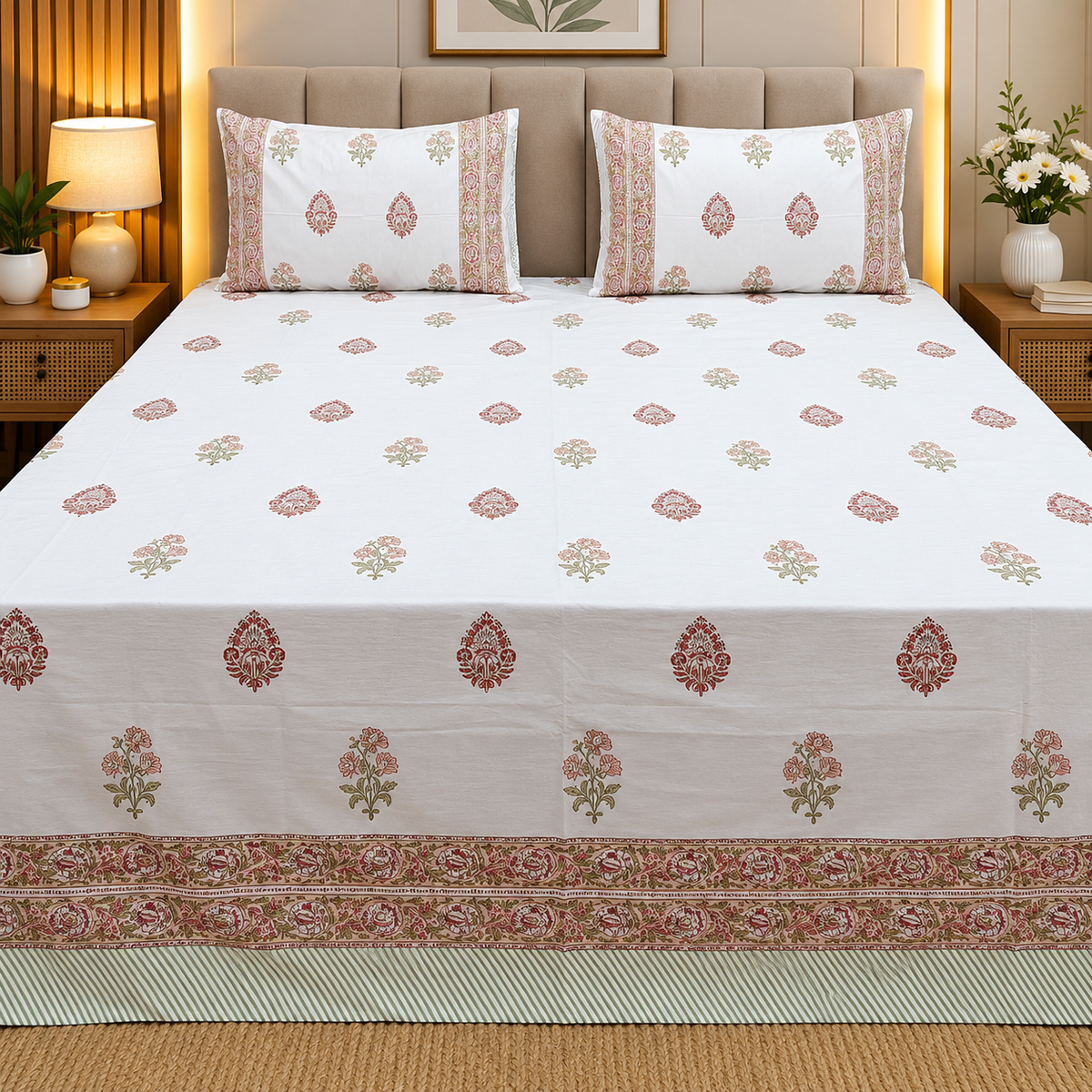 Dobby Checks 600 TC Hand block Printed  King-size Bedsheet