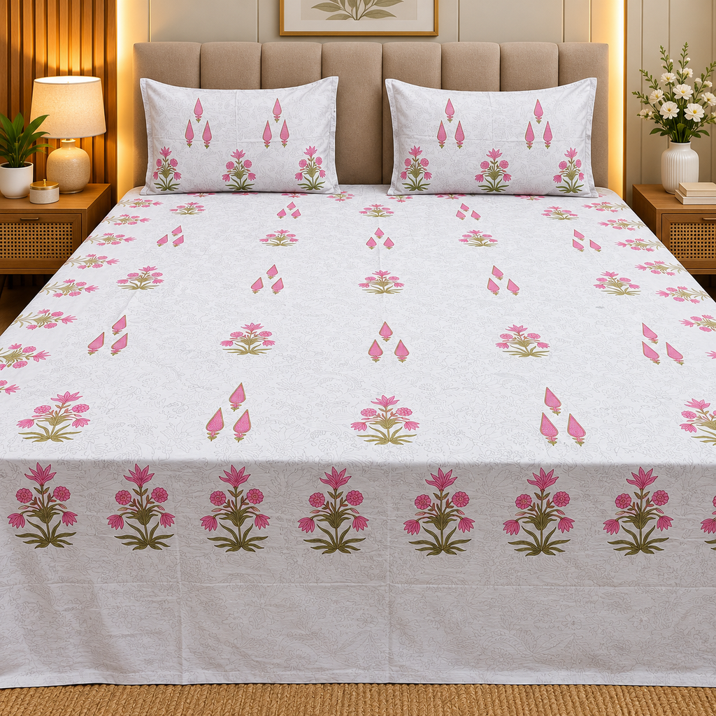 Percale Premium Cotton Hand block Printed Super King-size Bedsheet (300TC)