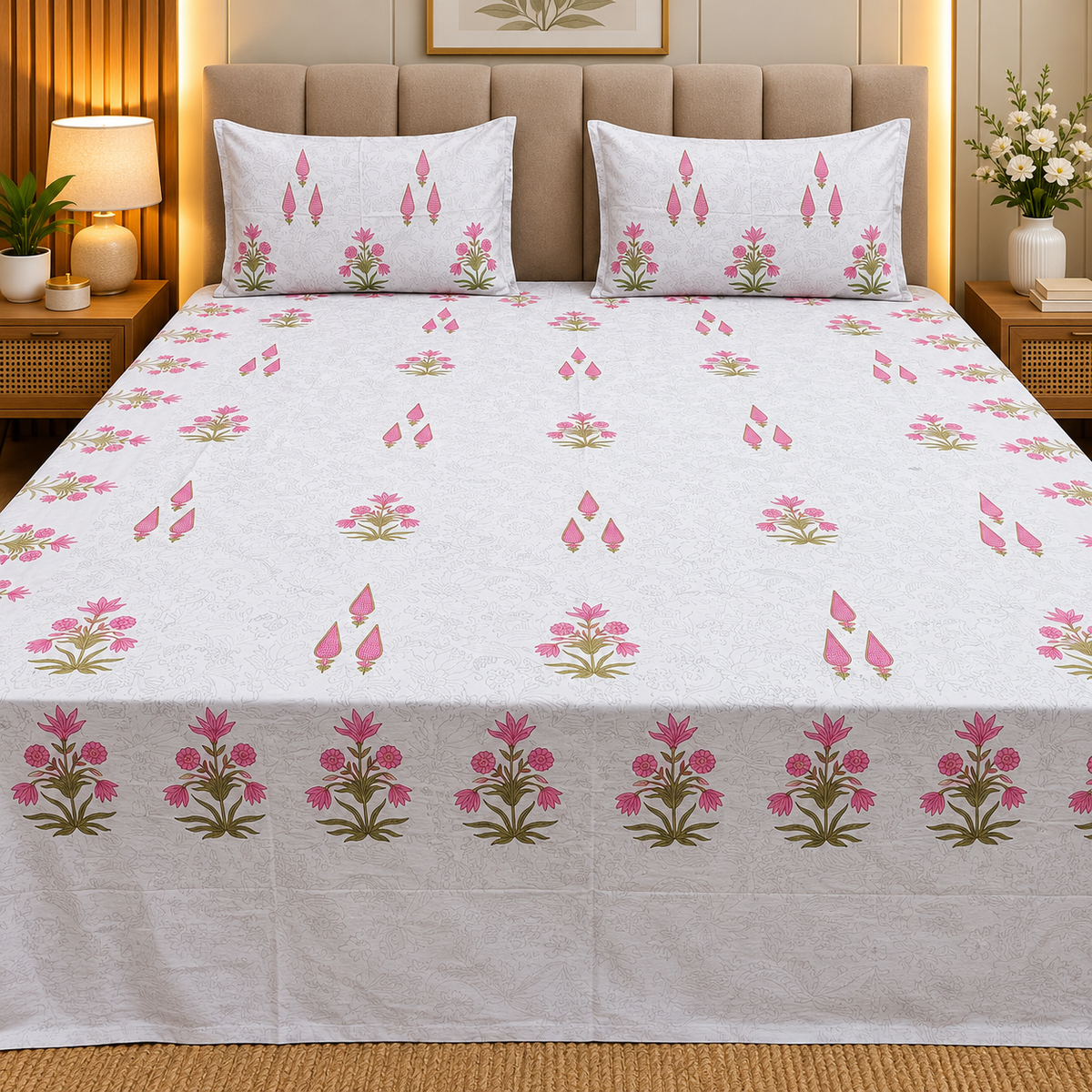 Percale Premium Cotton Hand block Printed Super King-size Bedsheet (300TC)