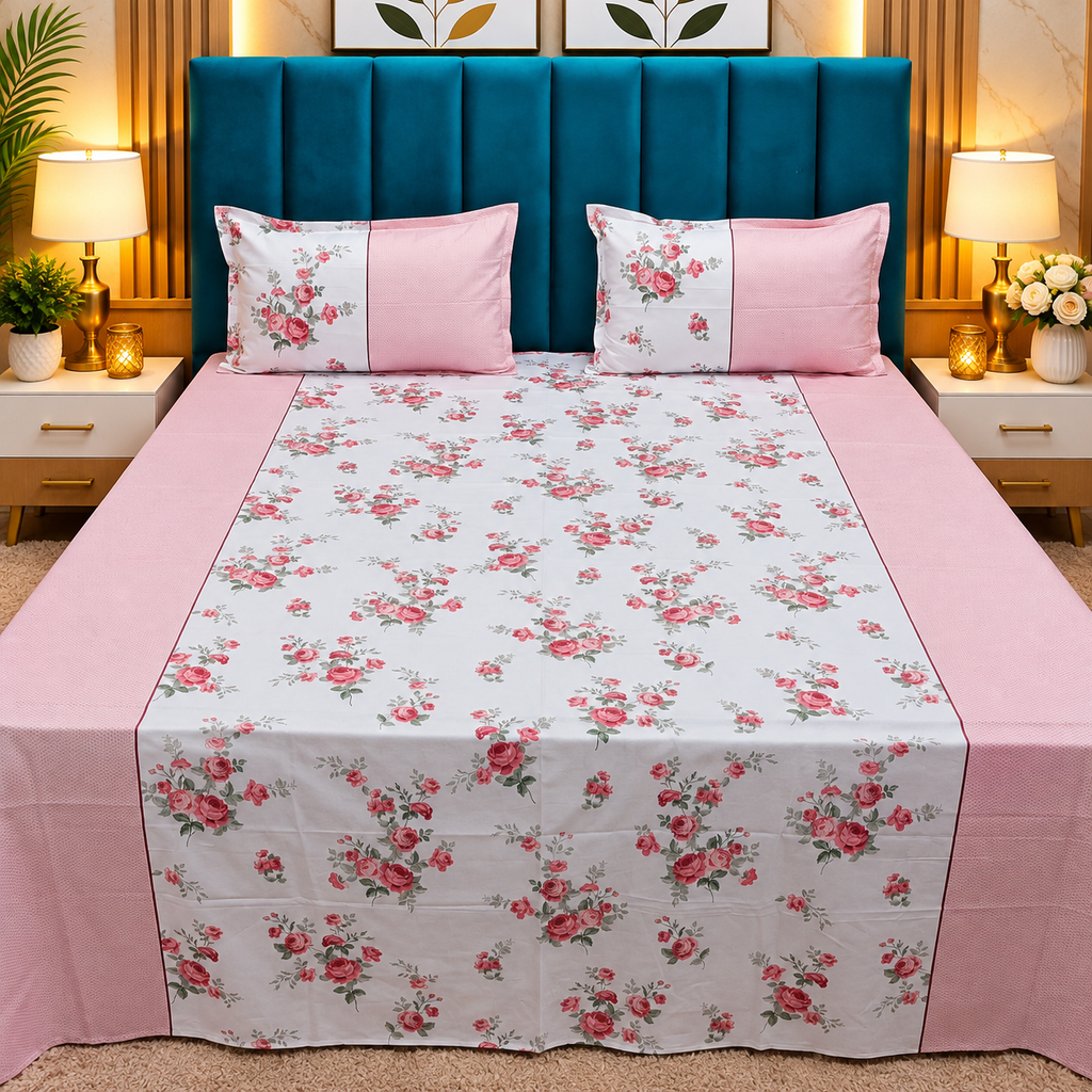 Glory Premium White & Pink Floral Printed Queen Size Pure Cotton Bedsheet