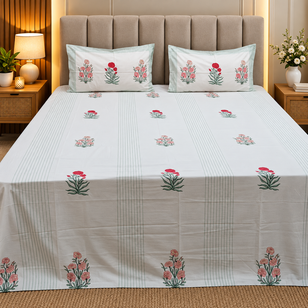 Percale Premium Floral Hand Block Printed Cotton Super King-Size Bedsheet (400TC)