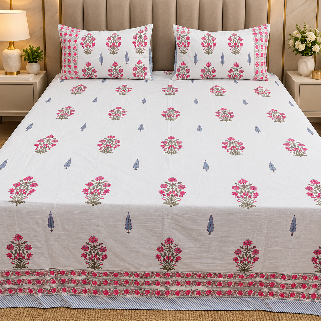 Percale Premium Cotton Hand block Printed Super King-size Bedsheet (300TC)