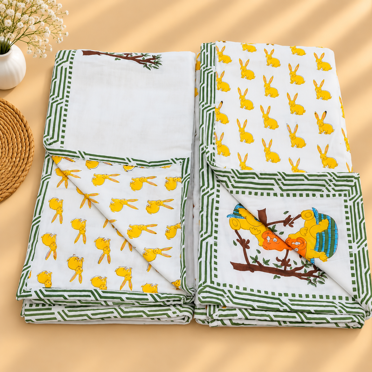 Tiny Bliss Premium Pure Mul-Mul Cotton Handblock Printed Bunny AC Dohar Pair