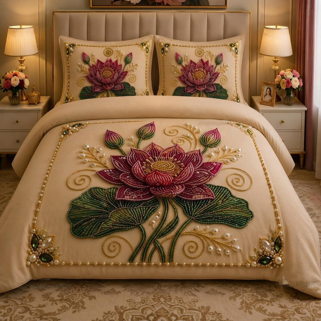 Royal Bloom Pearl Embroidered 11D Print Cotton Blend King Size Bedsheet Set