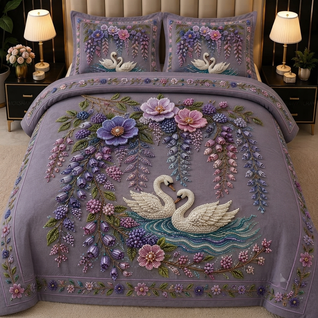 Royal Bloom Pearl Embroidered 11D Print Purple Cotton Blend King Size Bedsheet Set
