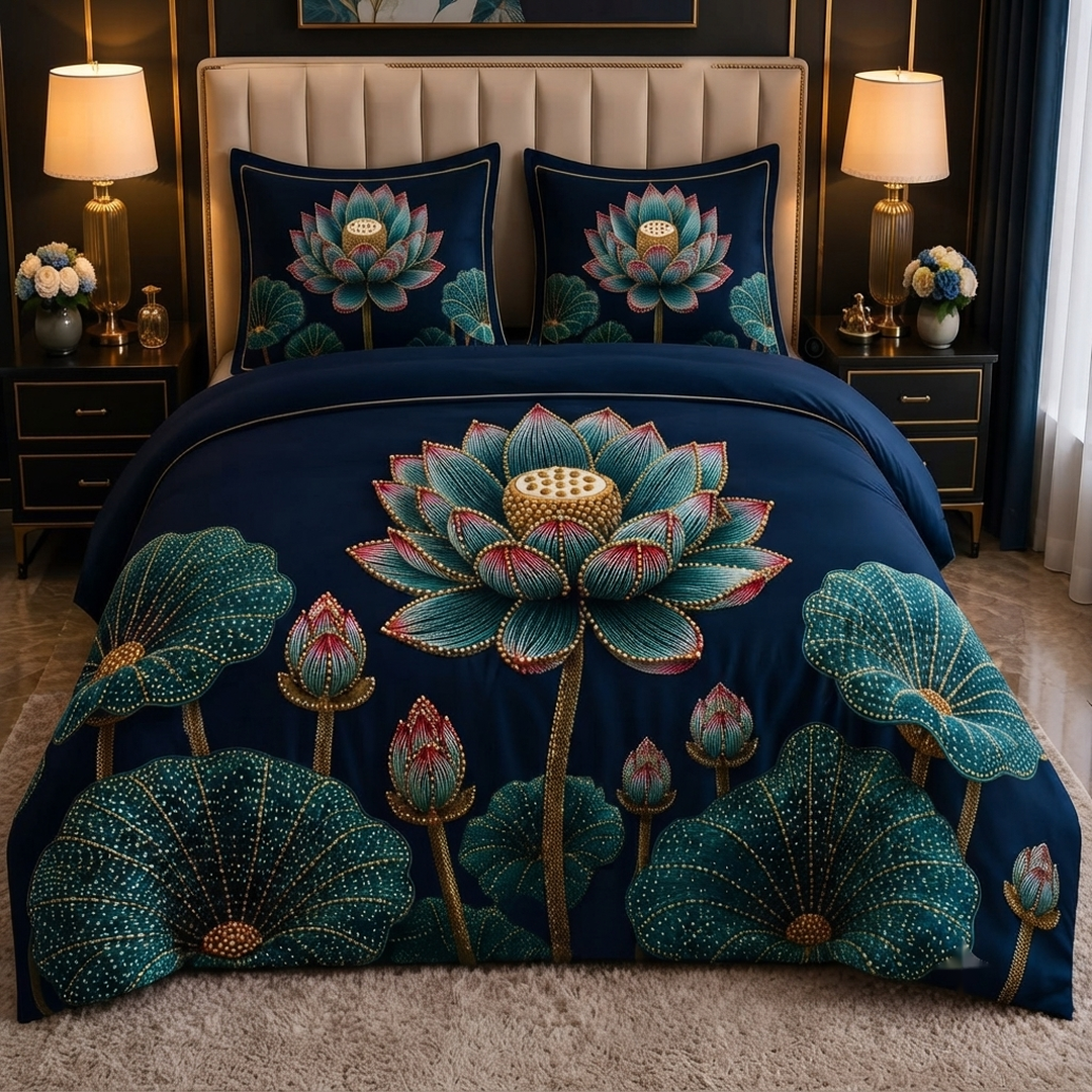 Royal Bloom Pearl Embroidered 11D Print Navy Blue Cotton Blend King Size Bedsheet Set