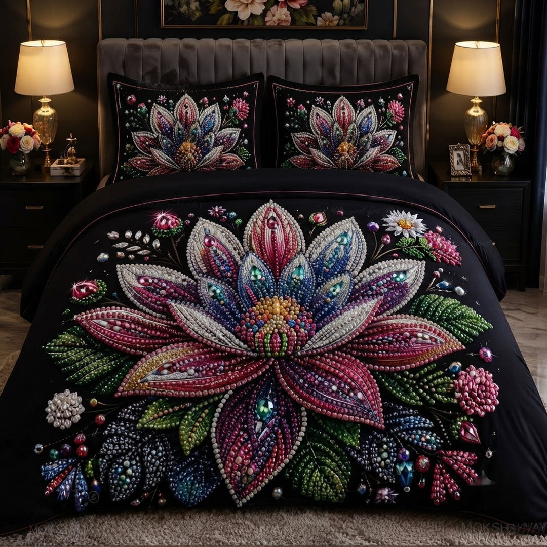 Royal Bloom Pearl Embroidered 11D Print Black & Multicolor Cotton Blend King Size Bedsheet Set