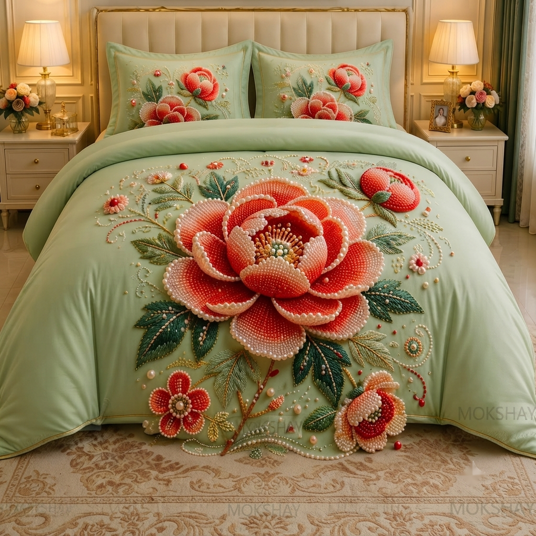 Royal Bloom Pearl Embroidered 11D Print Sage Green & Coral Cotton Blend King Size Bedsheet Set