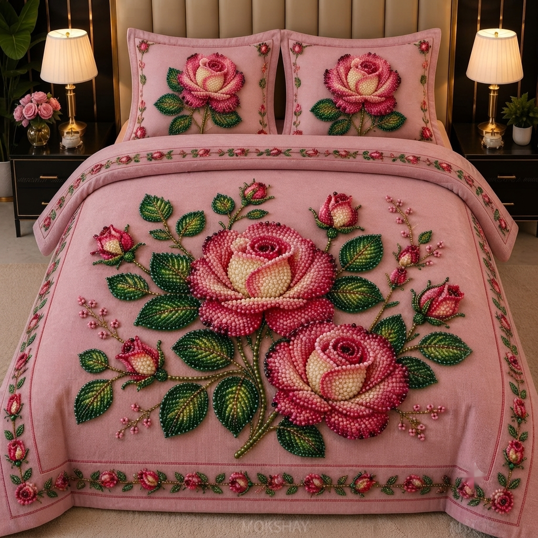 Royal Bloom Pearl Embroidered 11D Print Dusty Pink & Rose Cotton Blend King Size Bedsheet Set