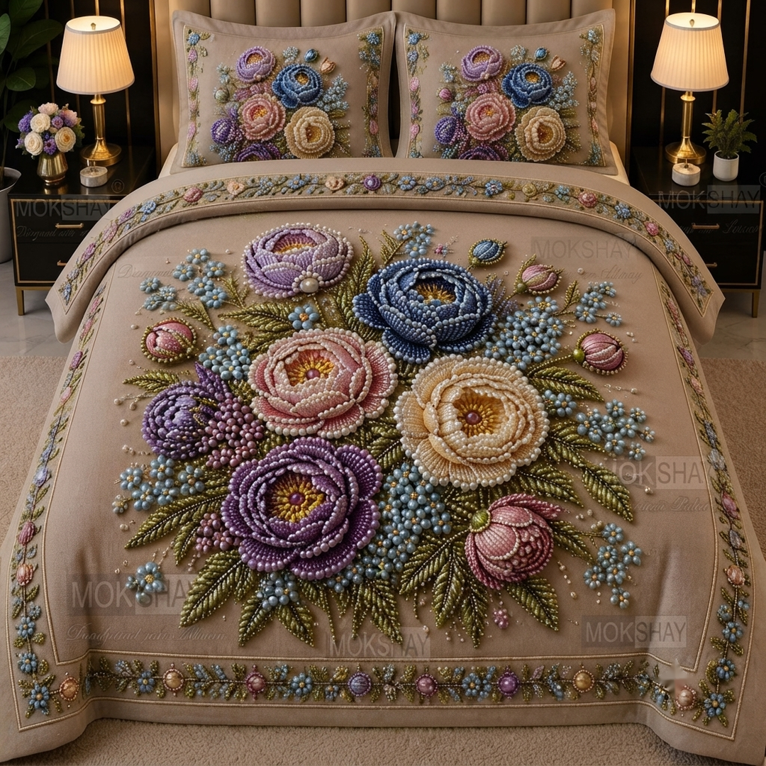Royal Bloom Pearl Embroidered 11D Print Taupe & Multicolor Cotton Blend King Size Bedsheet Set