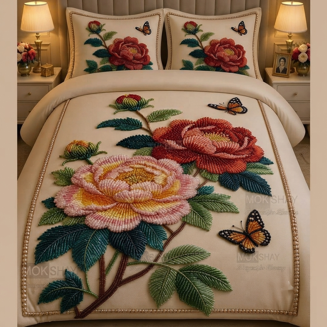 Royal Bloom Pearl Embroidered 11D Print Cream & Multicolor Cotton Blend King Size Bedsheet Set