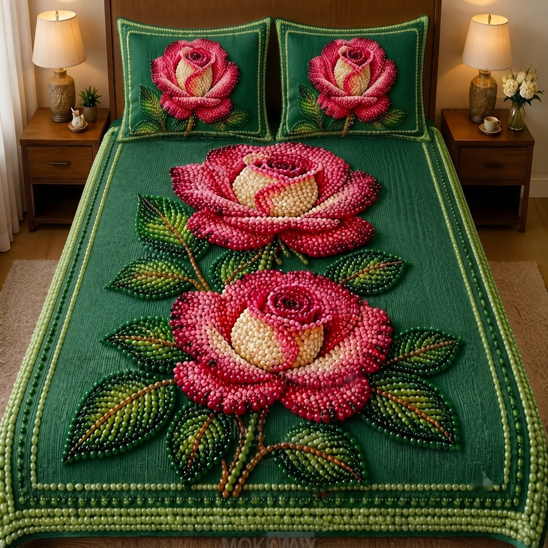 Royal Bloom Pearl Embroidered 11D Print Emerald Green & Pink Cotton Blend King Size Bedsheet Set