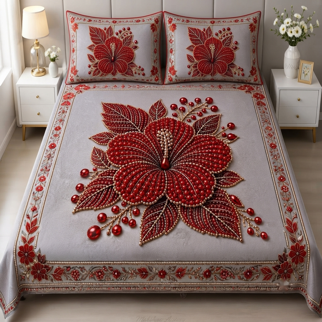 Royal Bloom Pearl Embroidered 11D Print Silver Grey & Red Cotton Blend King Size Bedsheet    Set
