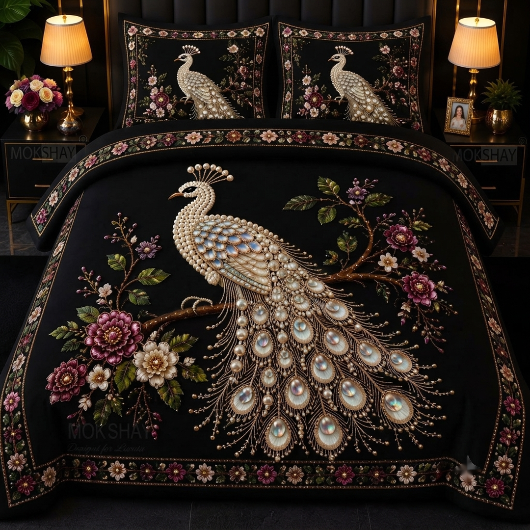 Royal Bloom Pearl Embroidered 11D Print Black & Multicolor Peacock Cotton Blend King Size Bedsheet Set