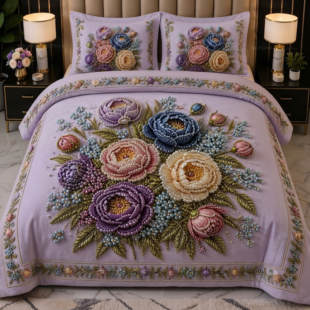 Royal Bloom Pearl Embroidered 11D Print Lavender & Multicolor Floral Cotton Blend King Size Bedsheet Set