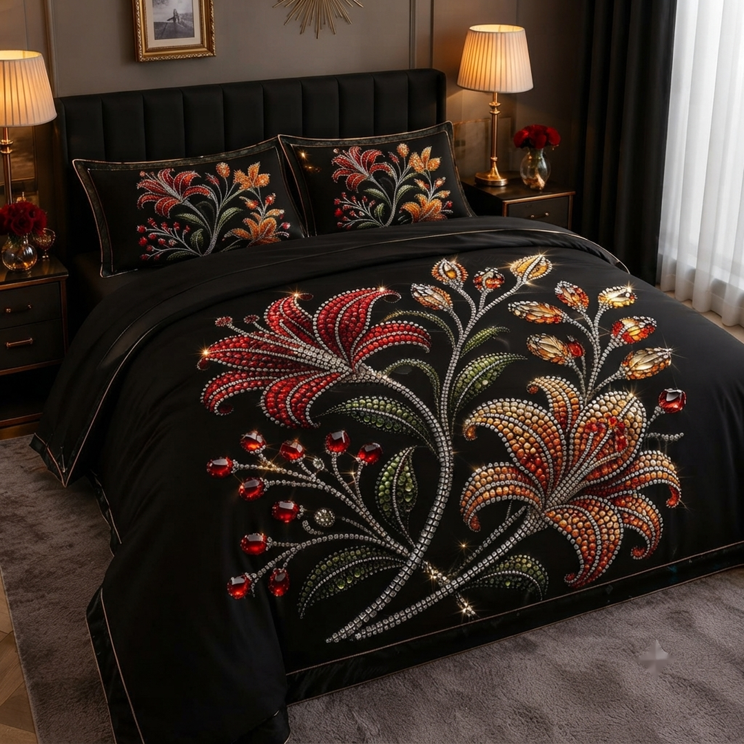 Royal Bloom Pearl Embroidered 11D Print Black & Multicolor Floral Cotton Blend King Size Bedsheet Set