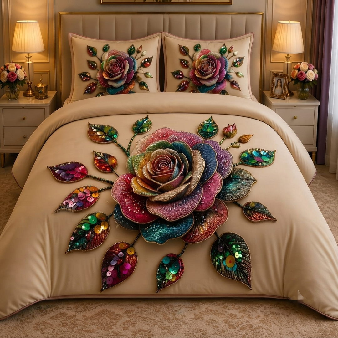 Royal Bloom Pearl Embroidered 11D Print Beige & Multicolor Floral Cotton Blend King Size Bedsheet Set