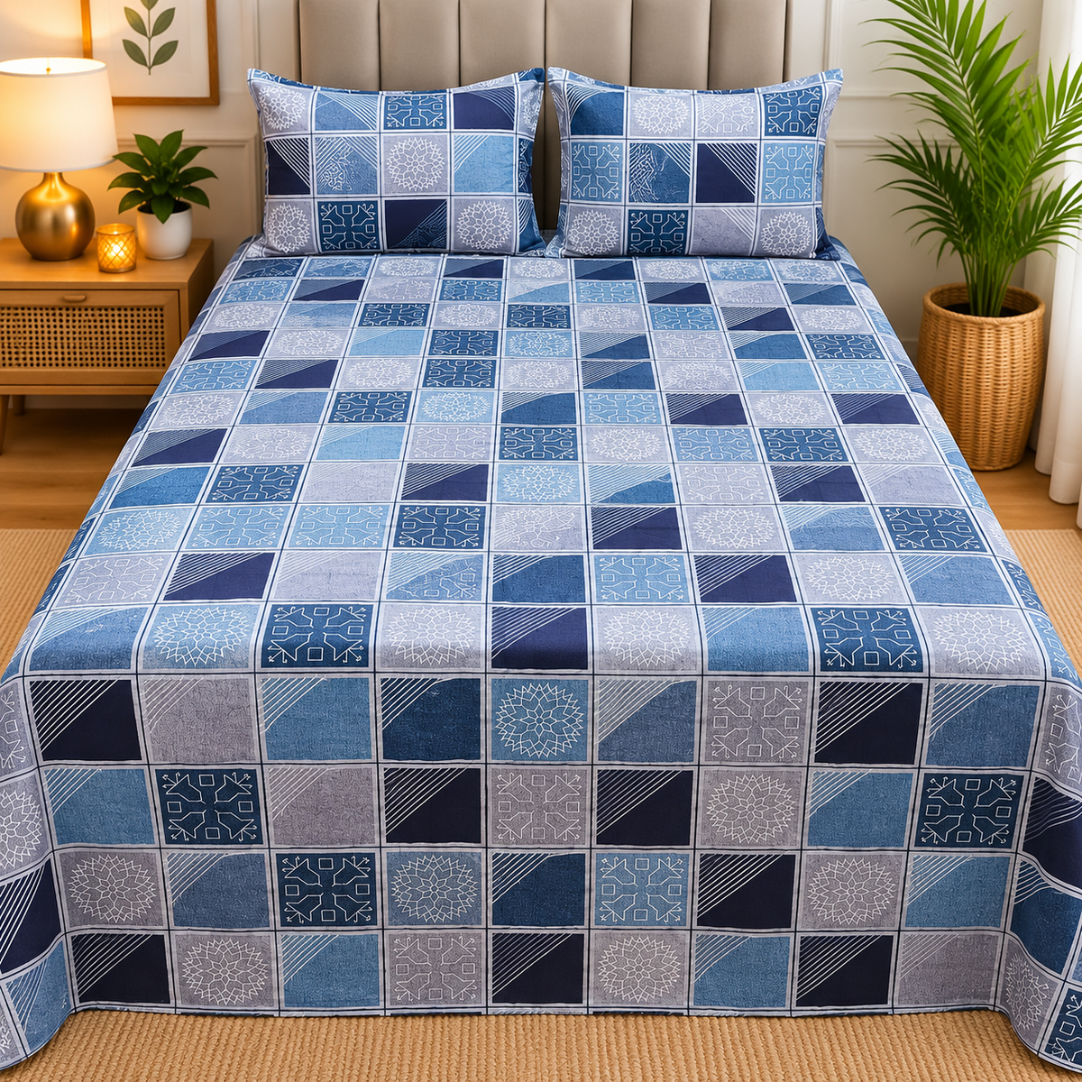 Rustic Bloom Premium Blue & Grey Geometric Printed Diwan Set with 2 Pillow Covers