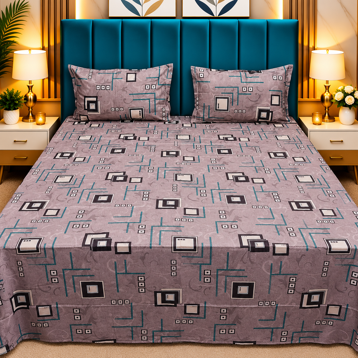 Procian Premium Mauve & Teal Geometric Printed Pure Cotton Queen-Size Bedsheet