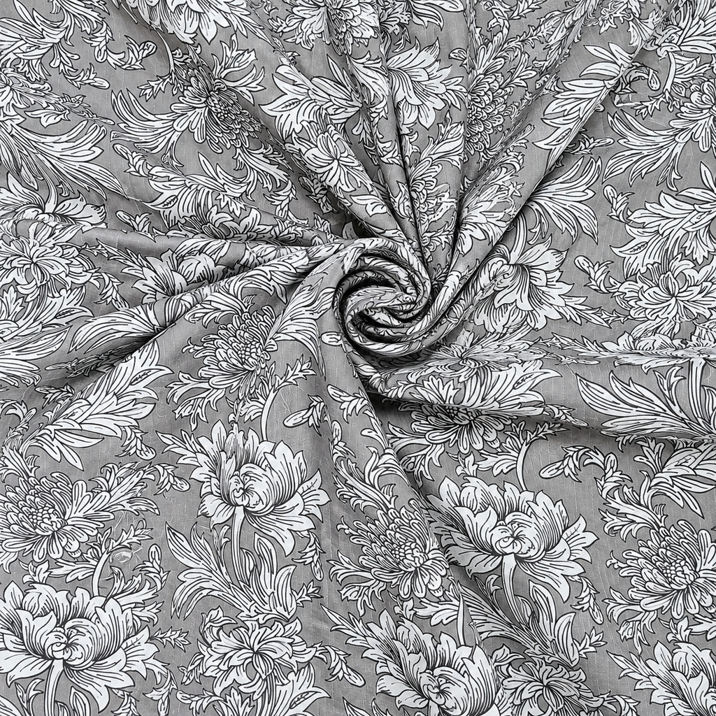 Nilaya Floral Premium Pure Cotton Grey & White Printed Bedcover