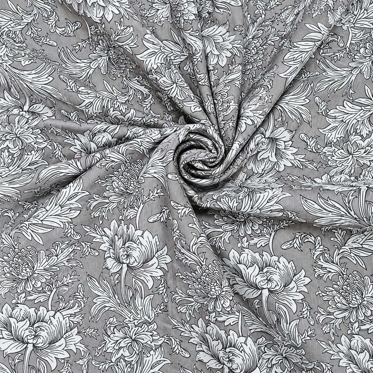 Nilaya Floral Premium Pure Cotton Grey & White Printed Bedcover