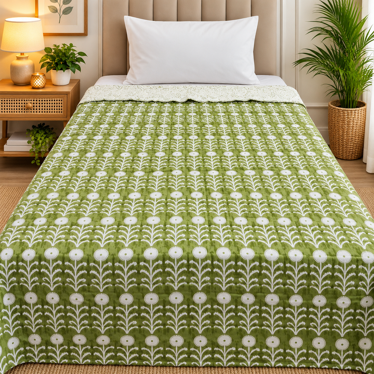 Mughal Nazakat Elegant Olive Green & White Floral Printed Single Bed Pure Cotton AC Quilt