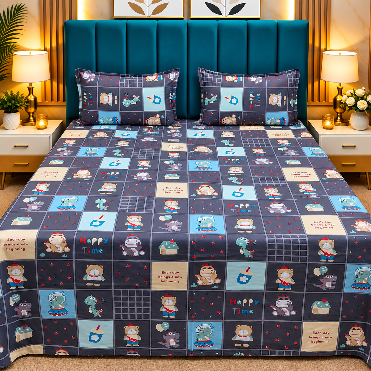 Procian Premium Navy Blue & Multicolor Cartoon Printed Pure Cotton Queen-Size Bedsheet