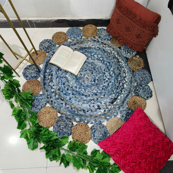 Handmade Braided Jute & Denim Rug in Circular Round with Small Circle Pattern - 3.5x3.5 Feet (105x105 cm)