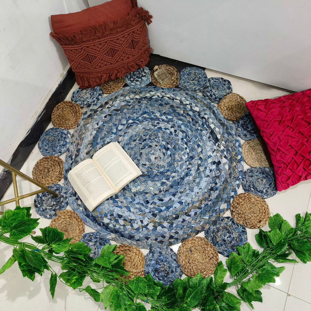 Handmade Braided Jute & Denim Rug in Circular Round with Small Circle Pattern - 3.5x3.5 Feet (105x105 cm)