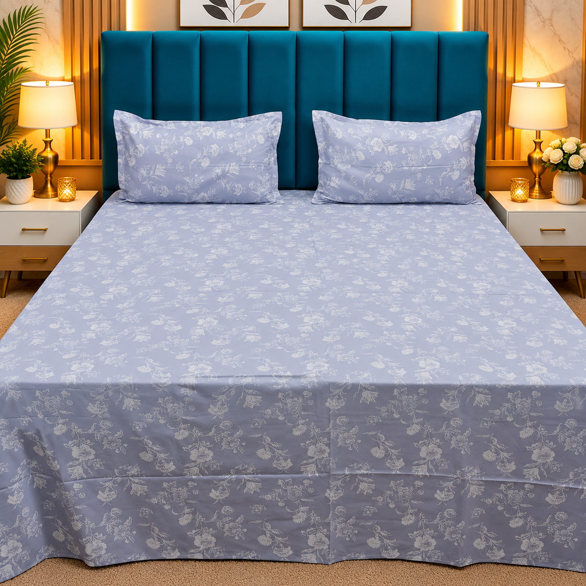 Glory Premium Lavender & White Floral Printed Queen Size Pure Cotton Bedsheet