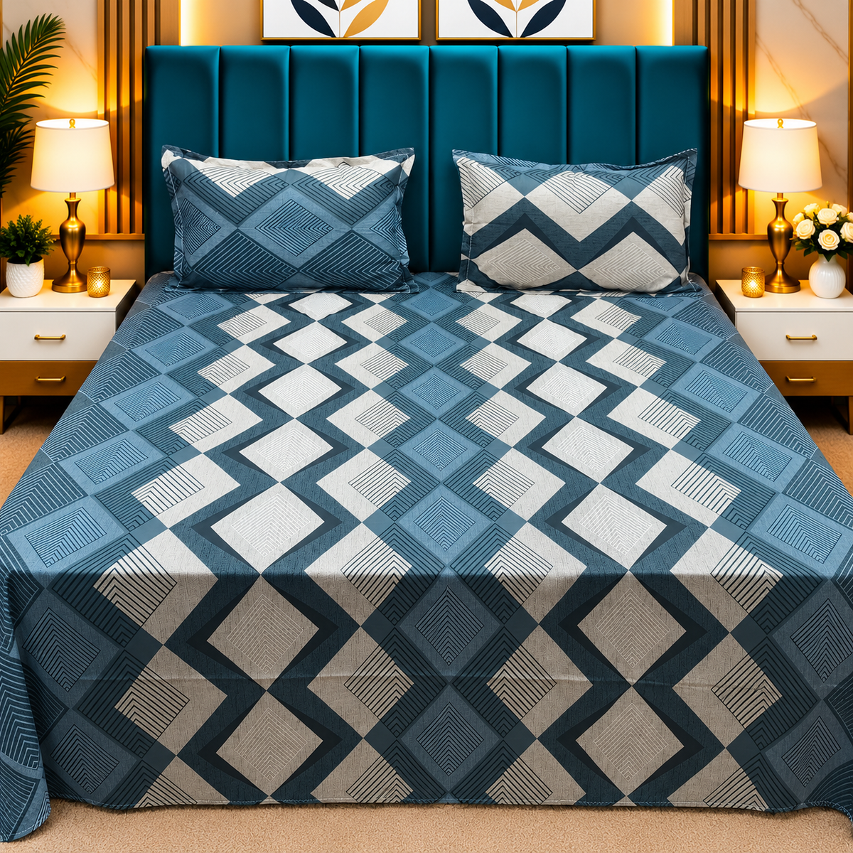 Procian Premium Navy Blue & Grey Geometric Printed Pure Cotton Queen-Size Bedsheet