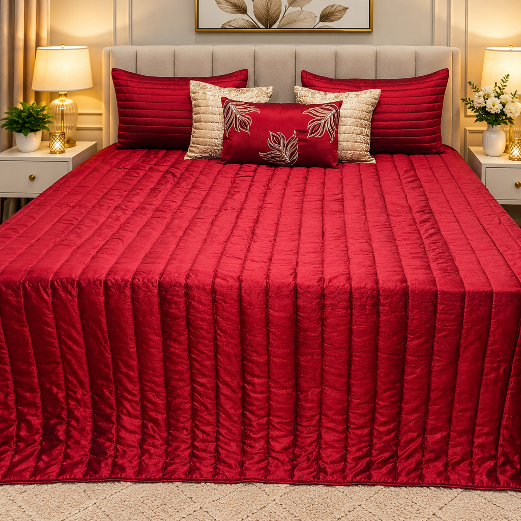 Maroon Majesty Designer Quilted King Size 6 Pcs Bedspread
