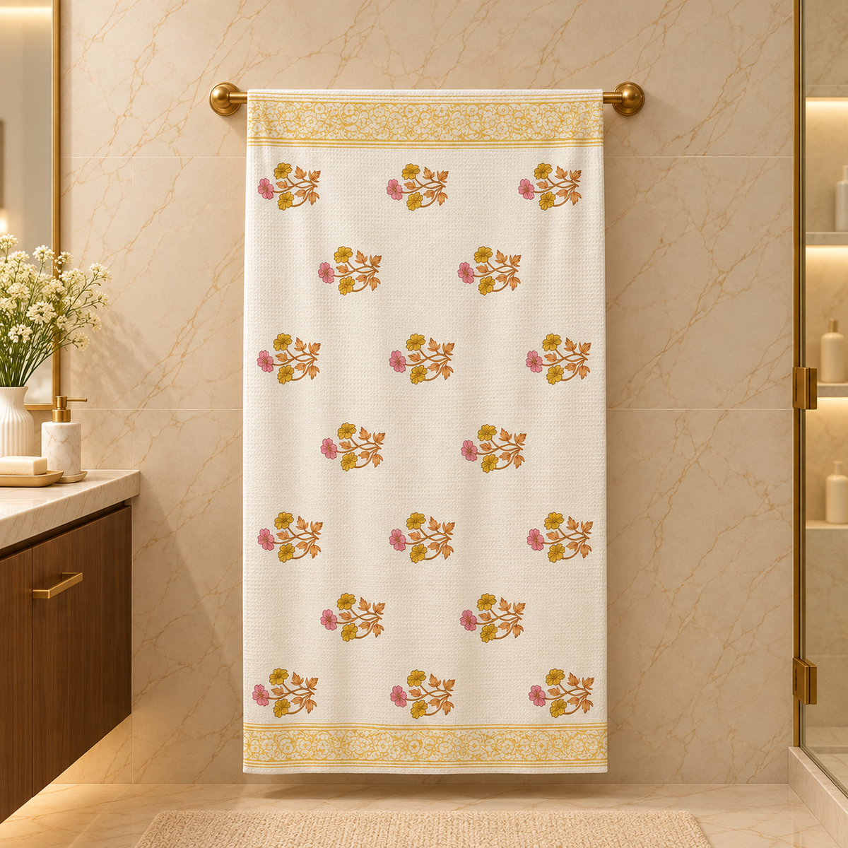 Premium Ivory & Mustard Yellow Floral Handblock Printed Pure Cotton Waffle Bath Towel