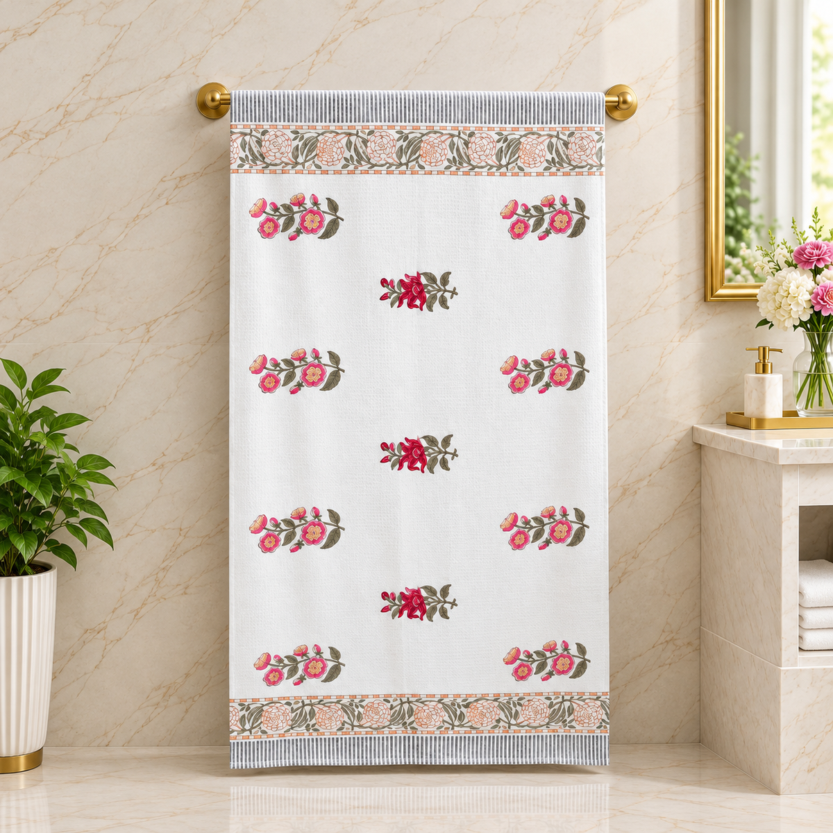 Premium Ivory & Multicolor Floral Handblock Printed Pure Cotton Waffle Bath Towel