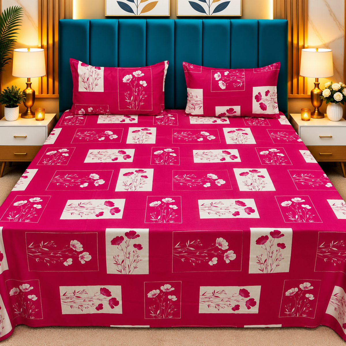 Procian Premium Magenta & White Floral Printed Pure Cotton Queen-Size Bedsheet