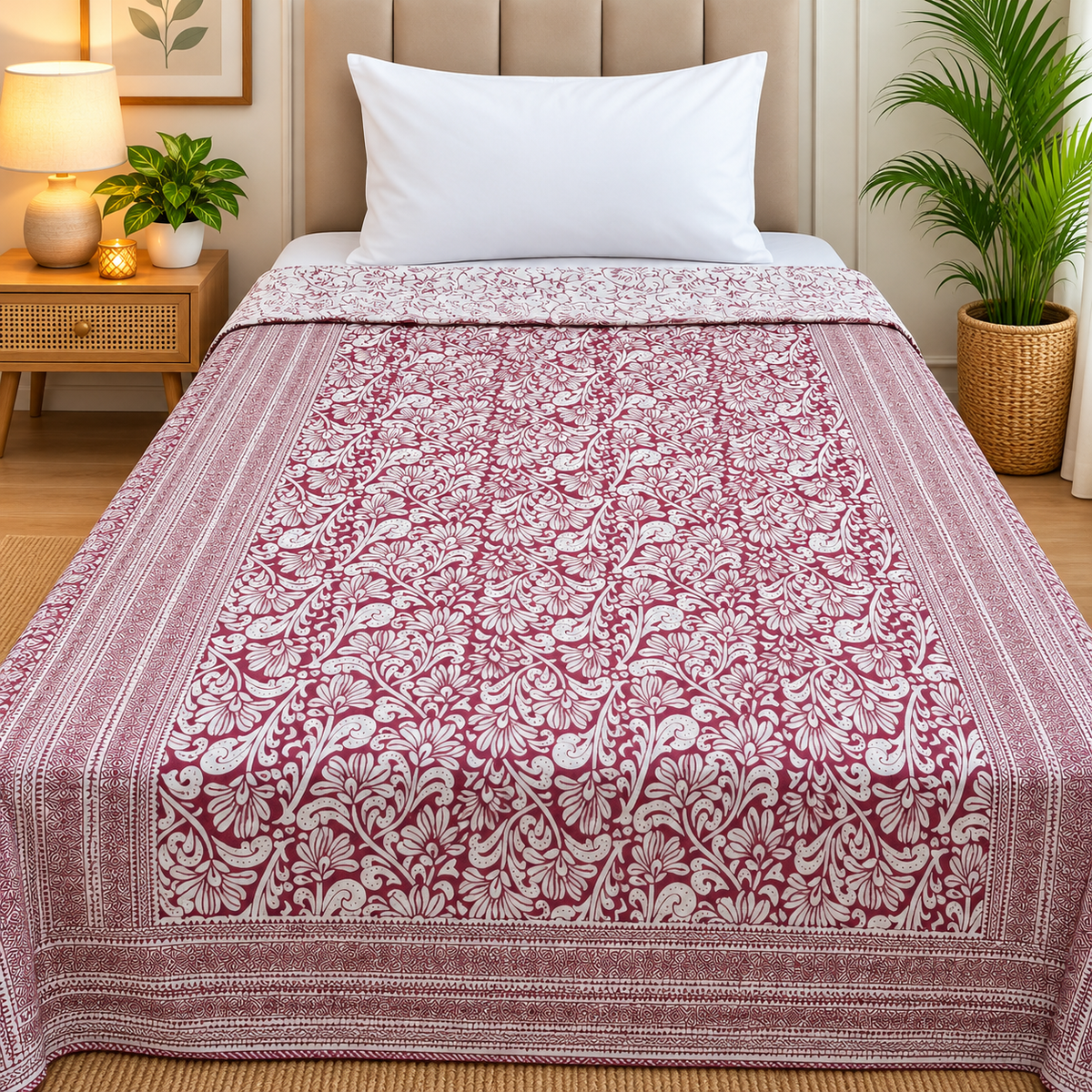 Mughal Nazakat Elegant Maroon & White Floral Printed Single Bed Pure Cotton AC Quilt