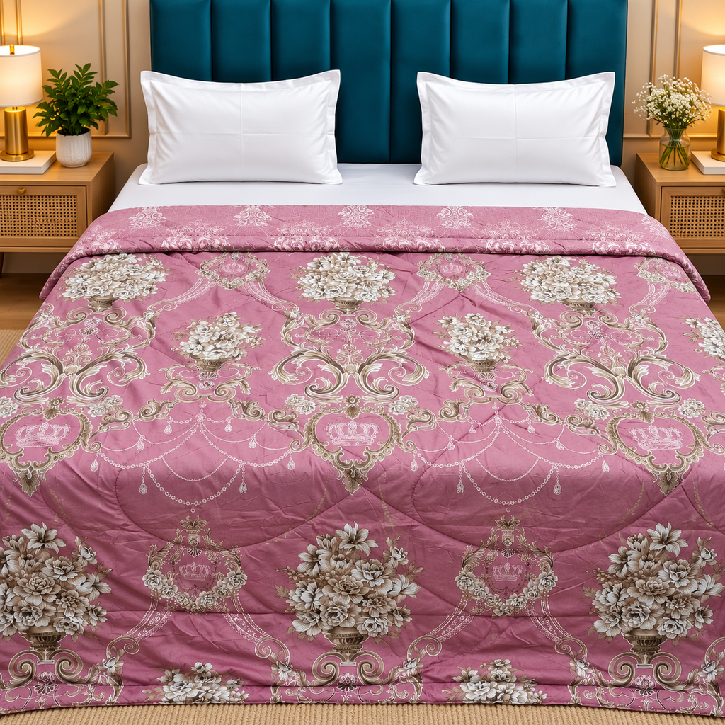 Tencel Premium Mauve Pink & Cream Floral Medallion Printed Double Bed Comforter