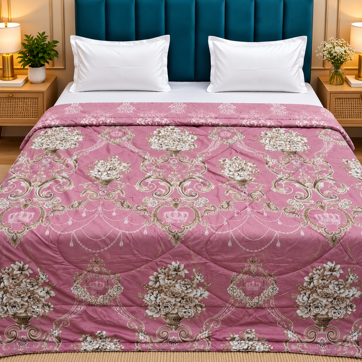 Tencel Premium Mauve Pink & Cream Floral Medallion Printed Double Bed Comforter