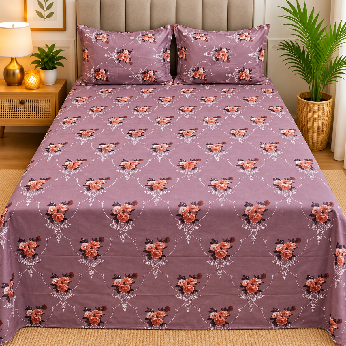 Rustic Bloom Premium Mauve & Peach Floral Printed Diwan Set with 2 Pillow Covers