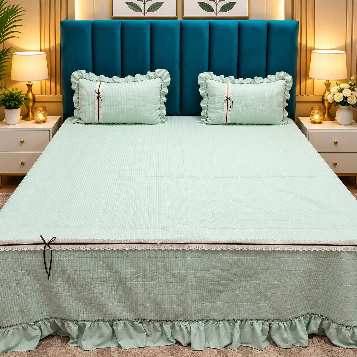 Atrio Premium Mint Green Quilted Cotton Bedcover with Ruffle Border