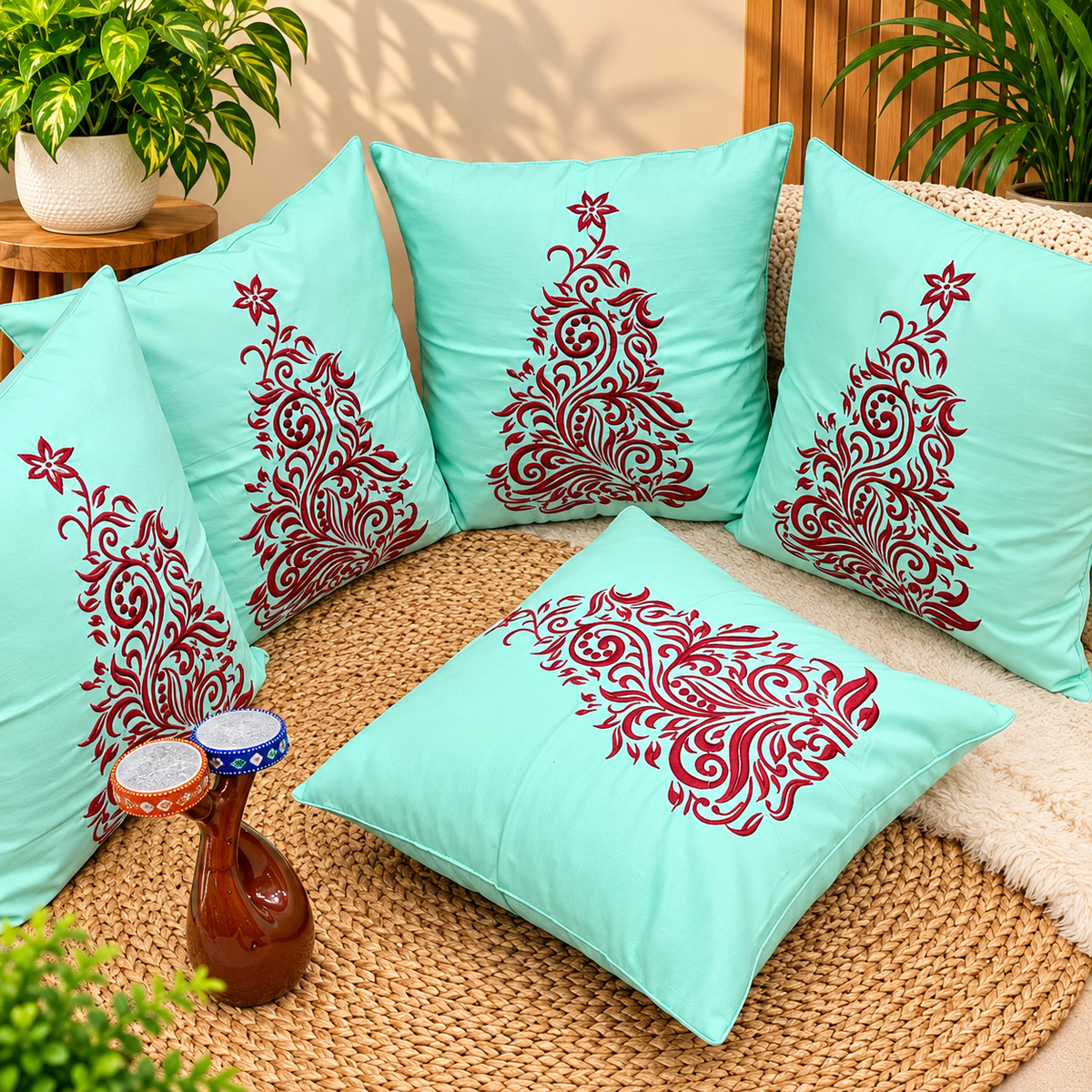 Solid Pure Cotton  Embroidered Cushion Covers (Set of 5 Pcs )