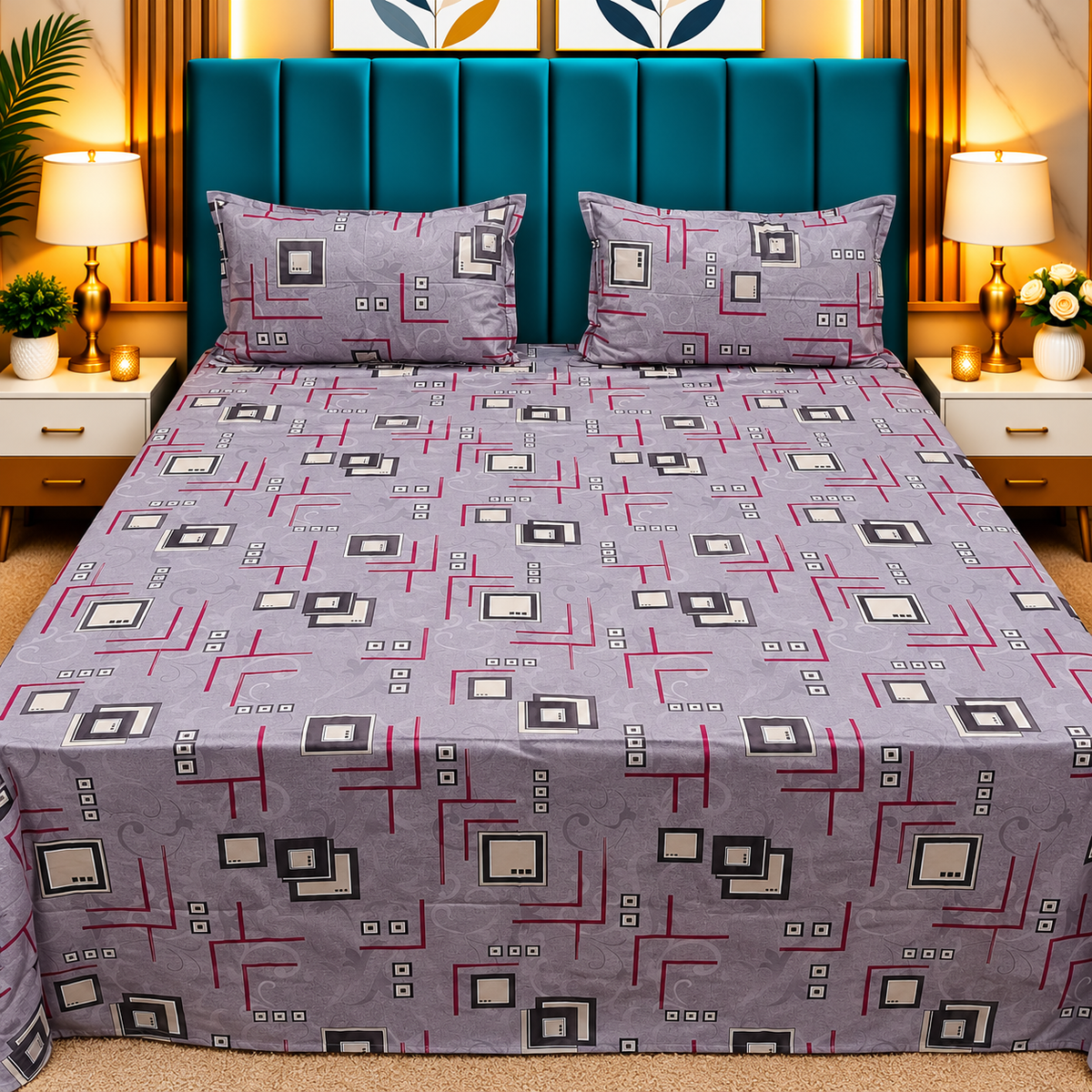 Procian Premium Grey & Maroon Geometric Printed Pure Cotton Queen-Size Bedsheet